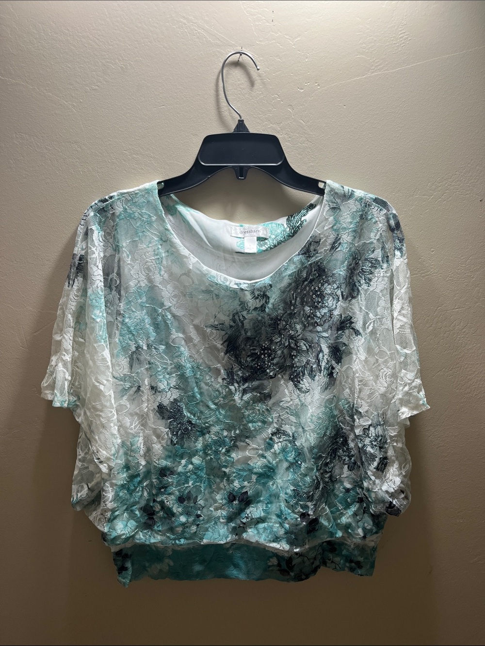 Dress Barn Teal, White and Black Sheer Floral Lace Blouse